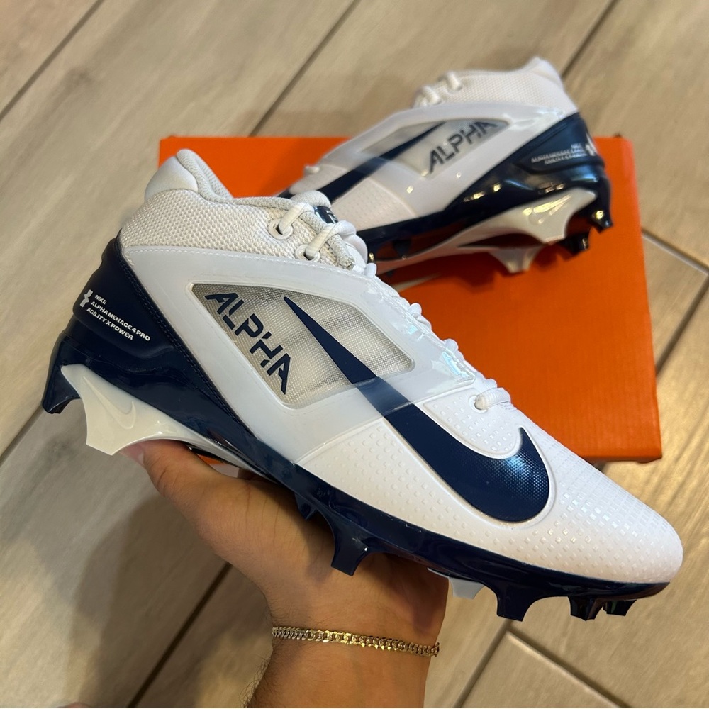 NIKE ALPHA MENACE 4 PRO FOOTBALL CLEATS WHITE/NAVY BLUE Size 7